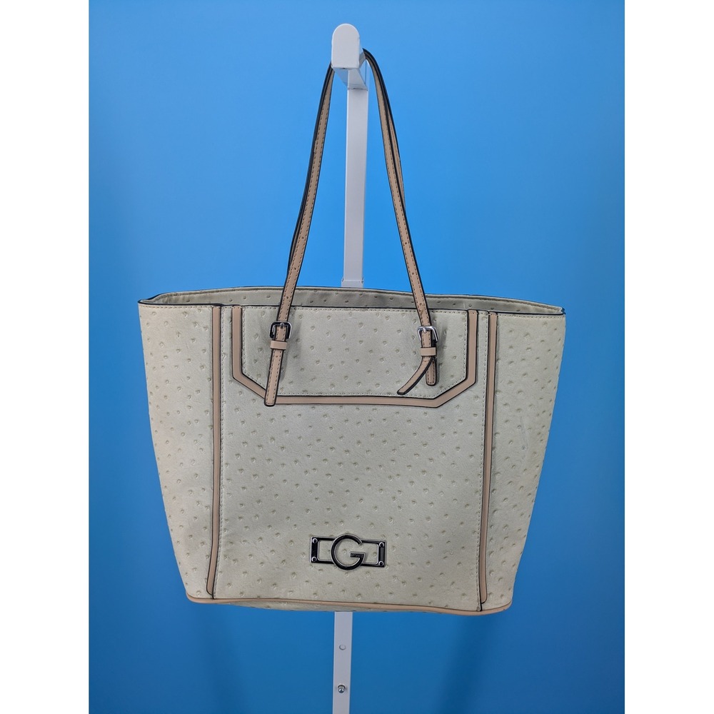 G by Guess Tote Bag Womens‎ Large Cream Ostrich Embossed Leopard Lining Handbag